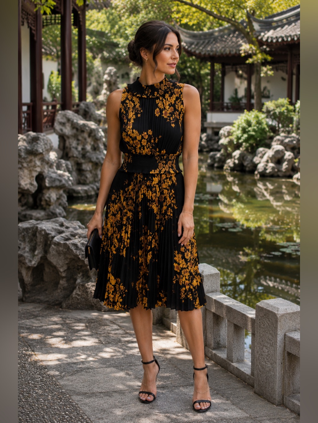 Nanette Lepore Black Gold Floral Pleated Mock Neck Dress Size 6